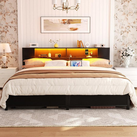 Homieasy Bed Frame with Storage Headboard and Charging Station, Luxury Cool Bed Frame with LED Lights, Steel Slat Support, No Box Spring Needed, Noise-Free, Easy Assembly