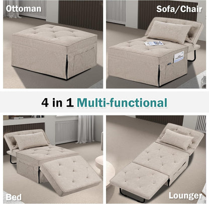 Convertible Sofa Bed, 4 in 1 Multi-Function Folding Ottoman Bed with Adjustable Backrest, Modern Pull Out Sleeper Chair for Living Room Apartment Office (Plus Beige, 36" Width-Large)